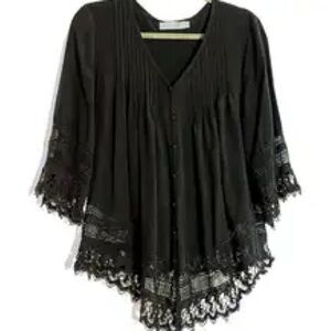 Solitaire Black Floral Crochet Button Down Boho Style Top Sz 2X